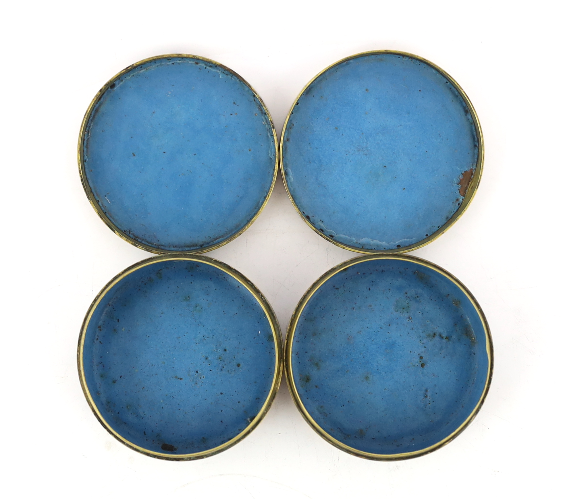 A pair of Chinese purple ground cloisonné enamel circular boxes and covers, 19th century, small losses enamel